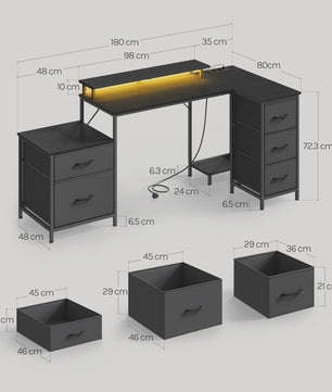 L-vormig Gaming Bureau met 5 Lades, USB Opladen & LED Verlichting - Hoekbureau voor Thuiswerkplek