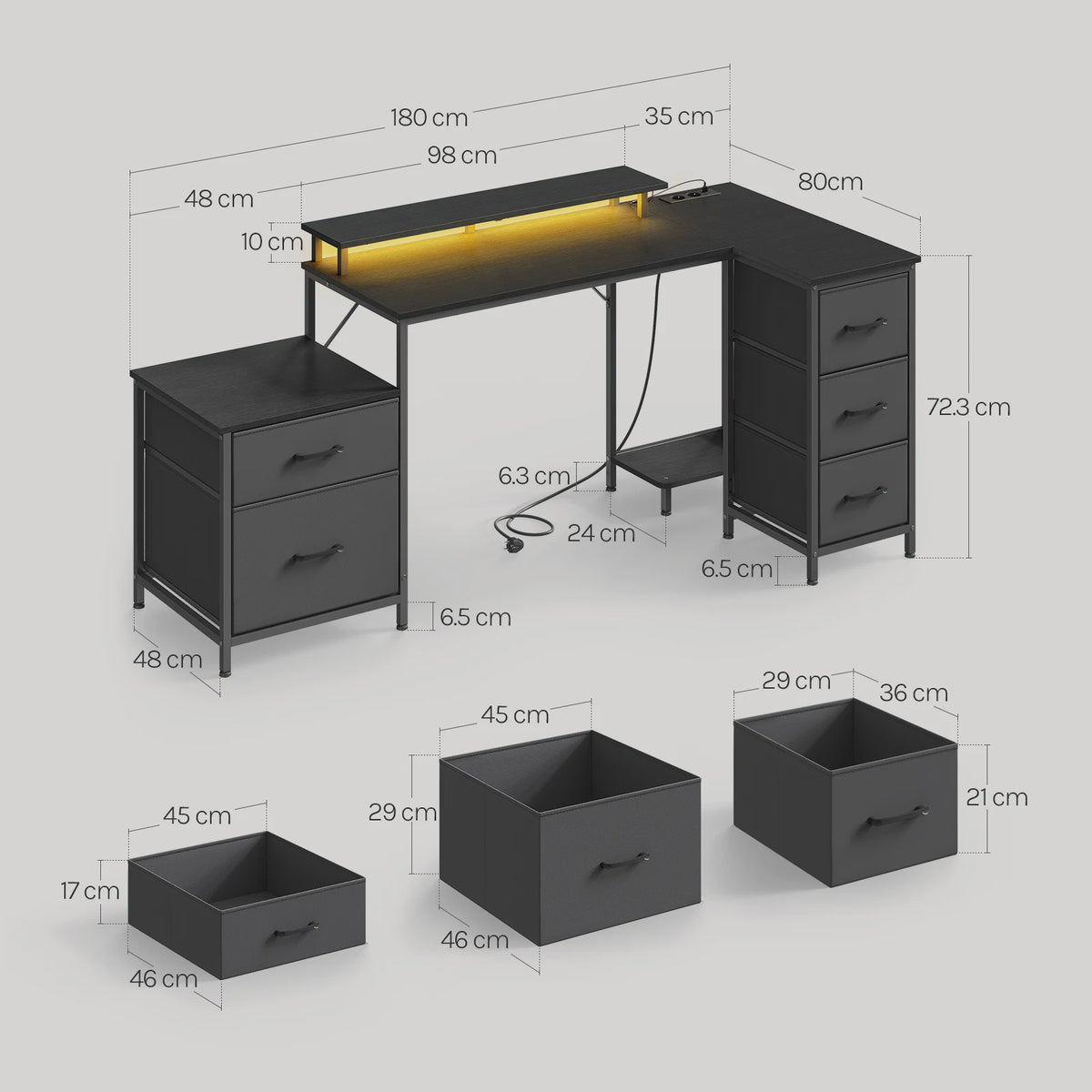 L-vormig Gaming Bureau met 5 Lades, USB Opladen & LED Verlichting - Hoekbureau voor Thuiswerkplek