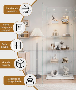 Moderne Witte Glazen Vitrinekast met LED Verlichting, 5 Legborden en 2 Vergrendelbare Deuren - 186x78x34 cm
