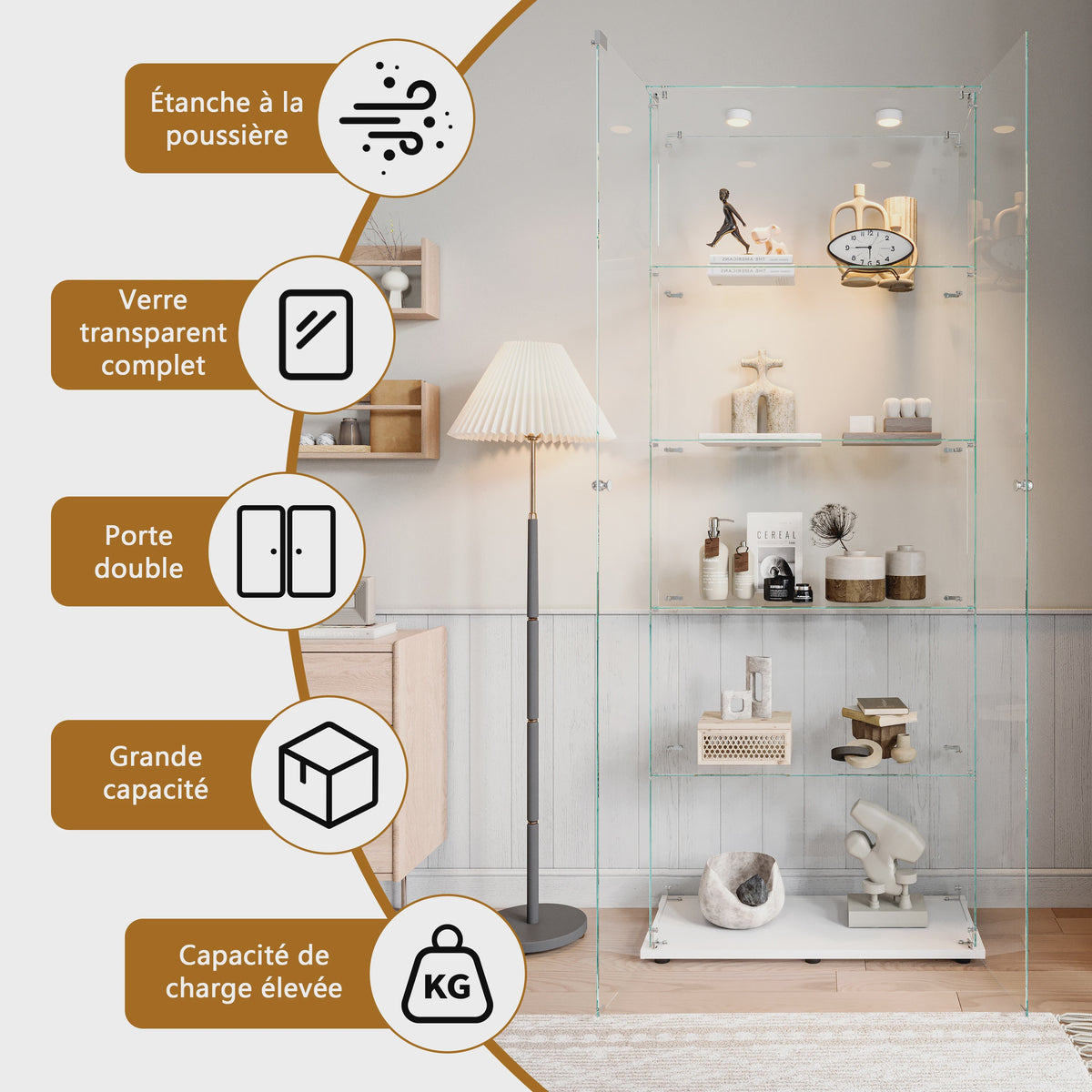 Moderne Witte Glazen Vitrinekast met LED Verlichting, 5 Legborden en 2 Vergrendelbare Deuren - 186x78x34 cm