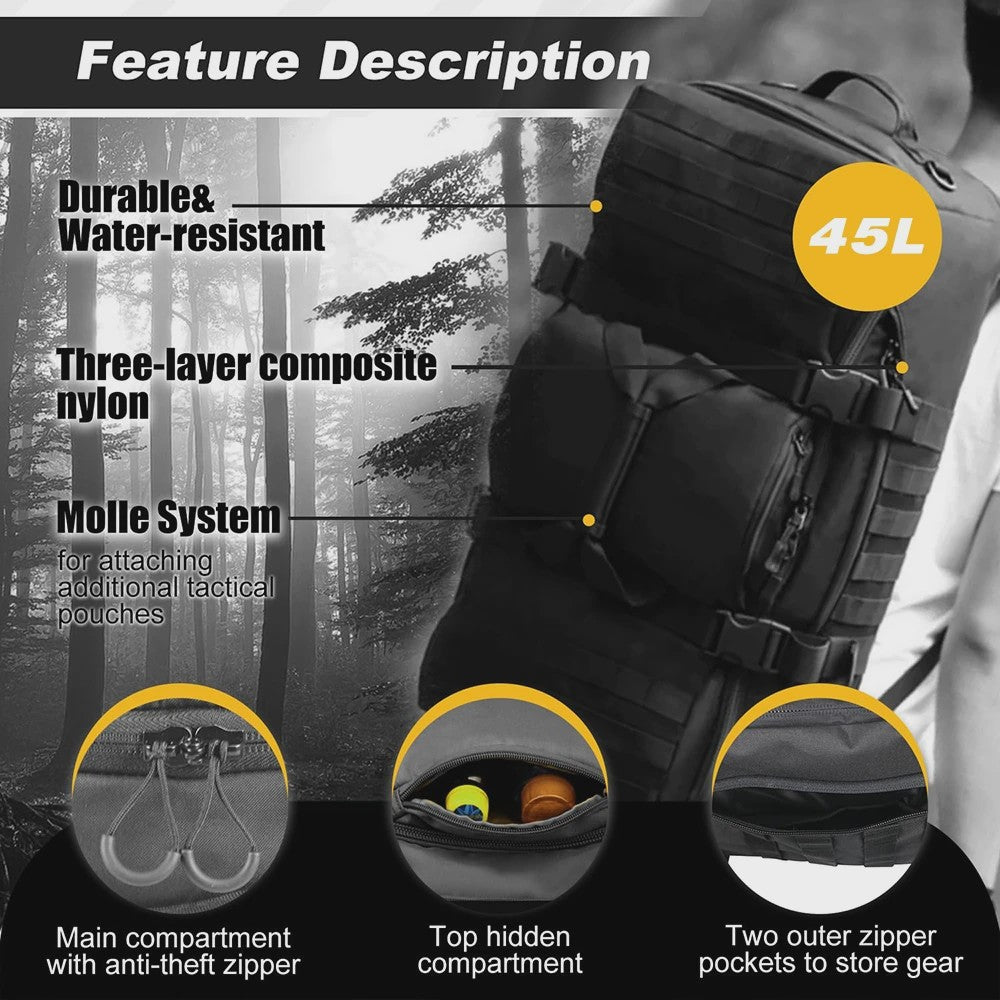 45L Outdoor Rugzak - Molle Tactische Duffel Bag voor Sport, Hiking & Reizen