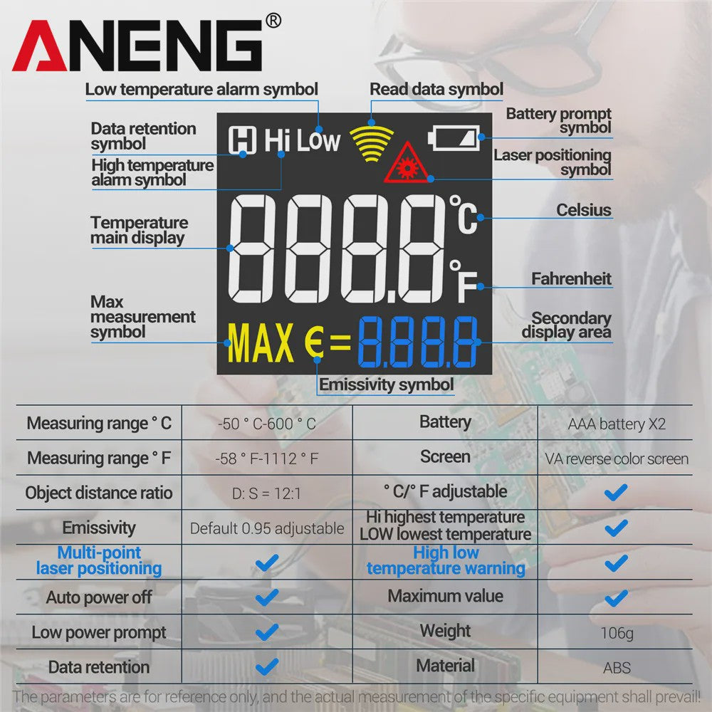 ANENG TH203 Infrarood Thermometer -50°C tot 600°C Contactloze Pyrometer