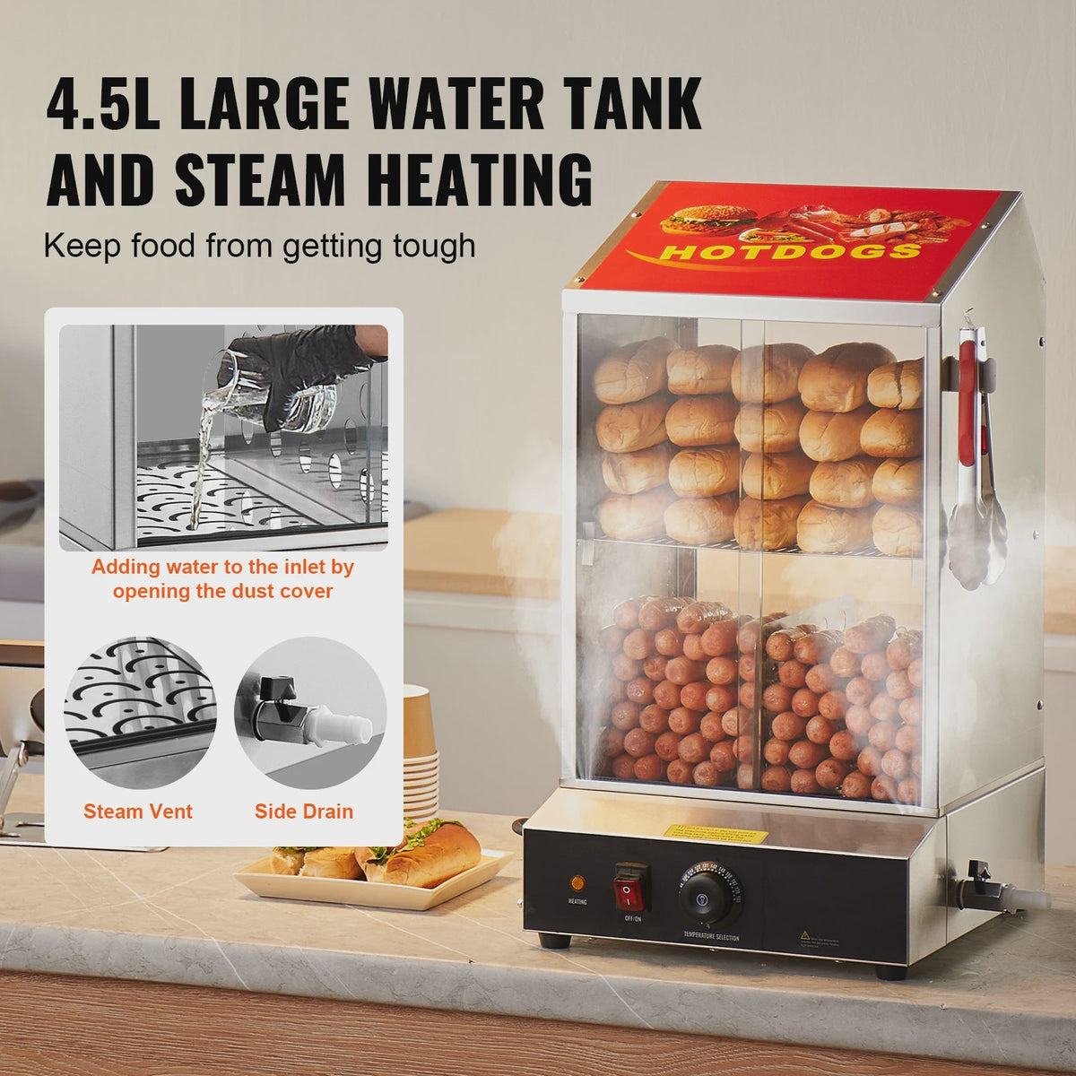 Professionele Hotdog Stoomoven & Broodjeswarmer - 36L, 2 Etages, Temperatuurregeling