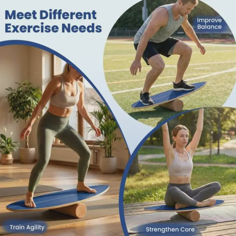 Houten Balance Board Trainer met Kurken Roller & Opbergrek - Blauw