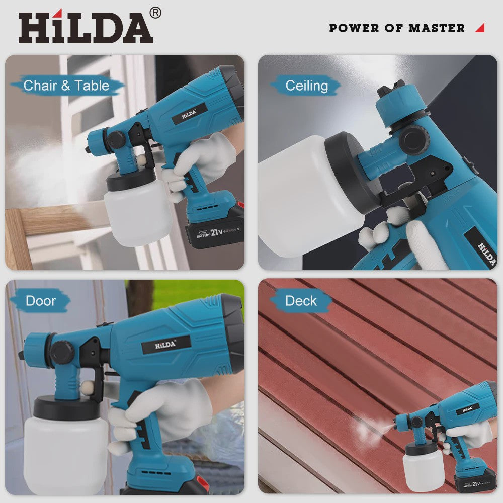 HILDA 21V Accu Verfspuit - Krachtige Draadloze HVLP Spuit voor Doe-het-zelf, Meubels, Muren & Auto (Makita Accu Compatibel)