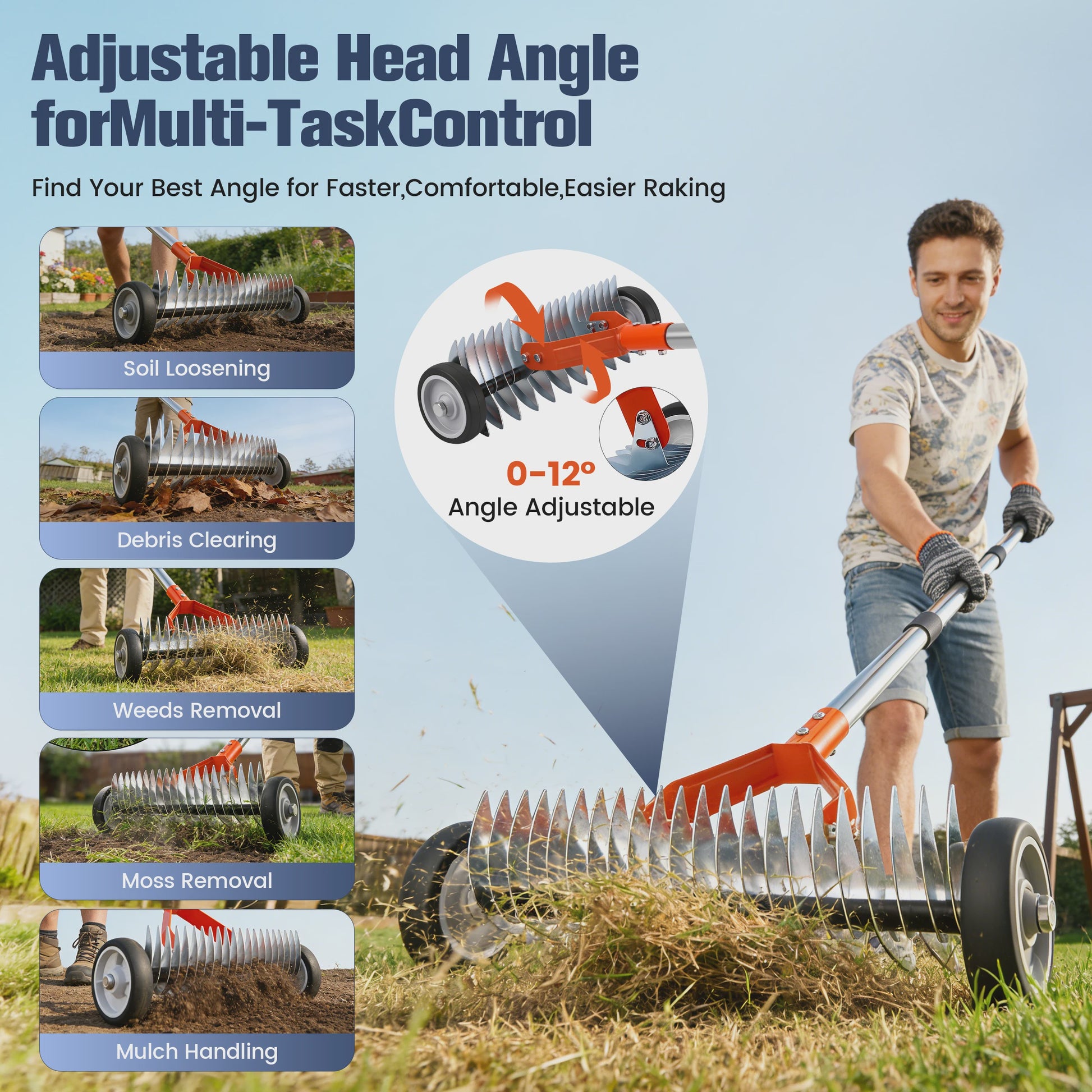 Detachable Lawn Rake With Roller Garden Courtyard Grass Rake Lawn Maintenance Tool With Gloves, 33 Gallons Garbage Bag