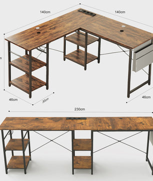 Industriële L-vormige Bureau 140/230cm met Opbergruimte en Geïntegreerd Stopcontact