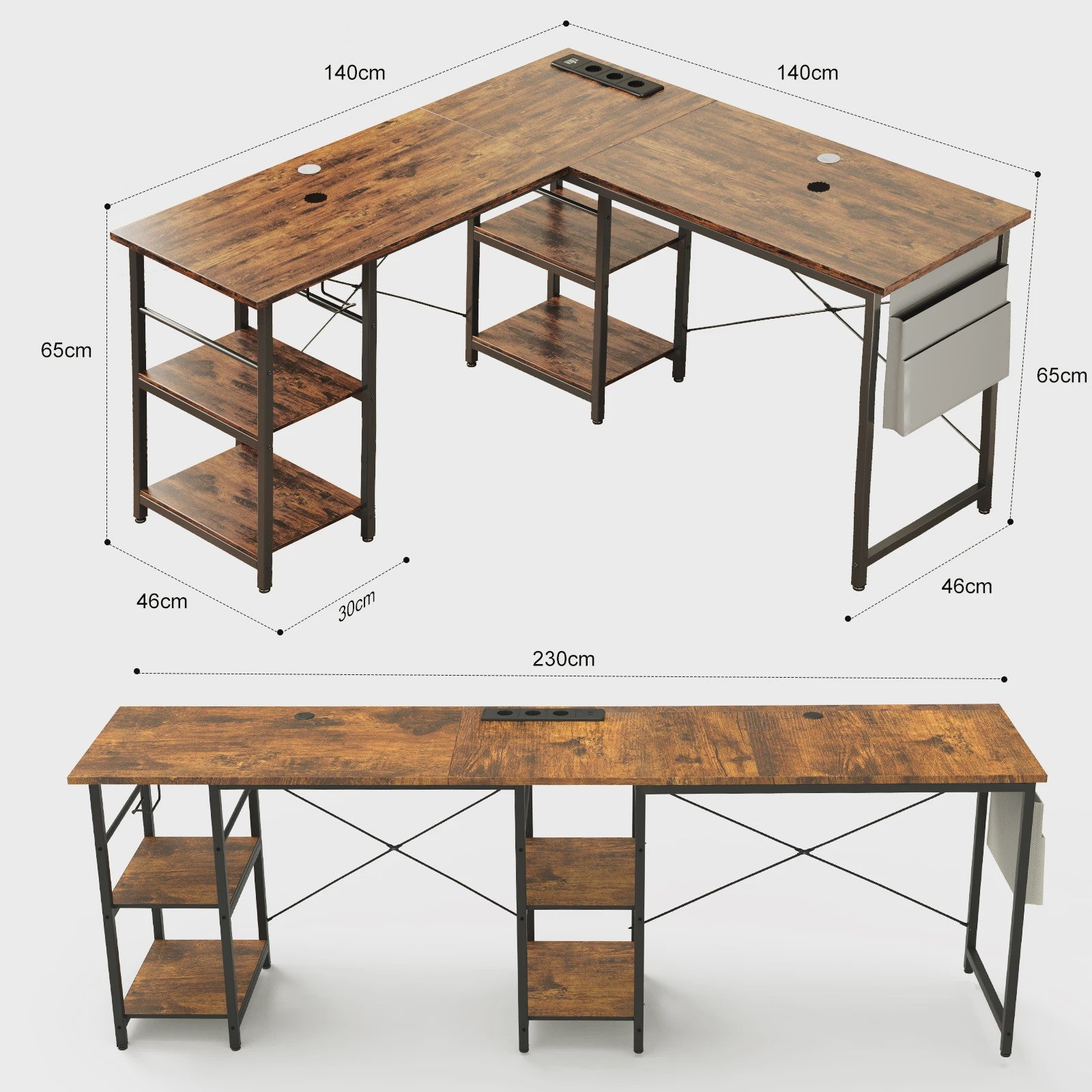 Industriële L-vormige Bureau 140/230cm met Opbergruimte en Geïntegreerd Stopcontact