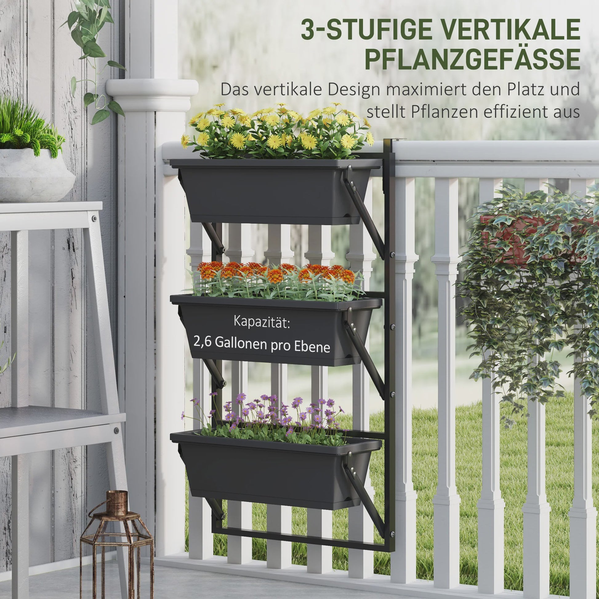 Verticale Plantenbak 3 Lagen - Vierkante Buitenpotten met Drainage en Staal Frame