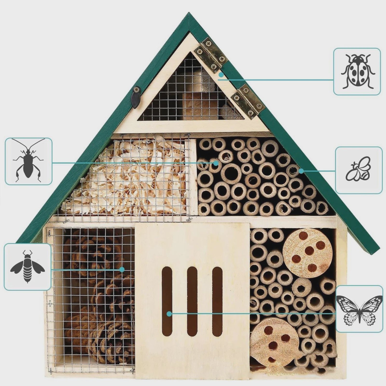 Houten Bijenhotel en Insectenhotel - Weerbestendig - Tuindecoratie voor Bijen, Lieveheersbeestjes en Vlinders