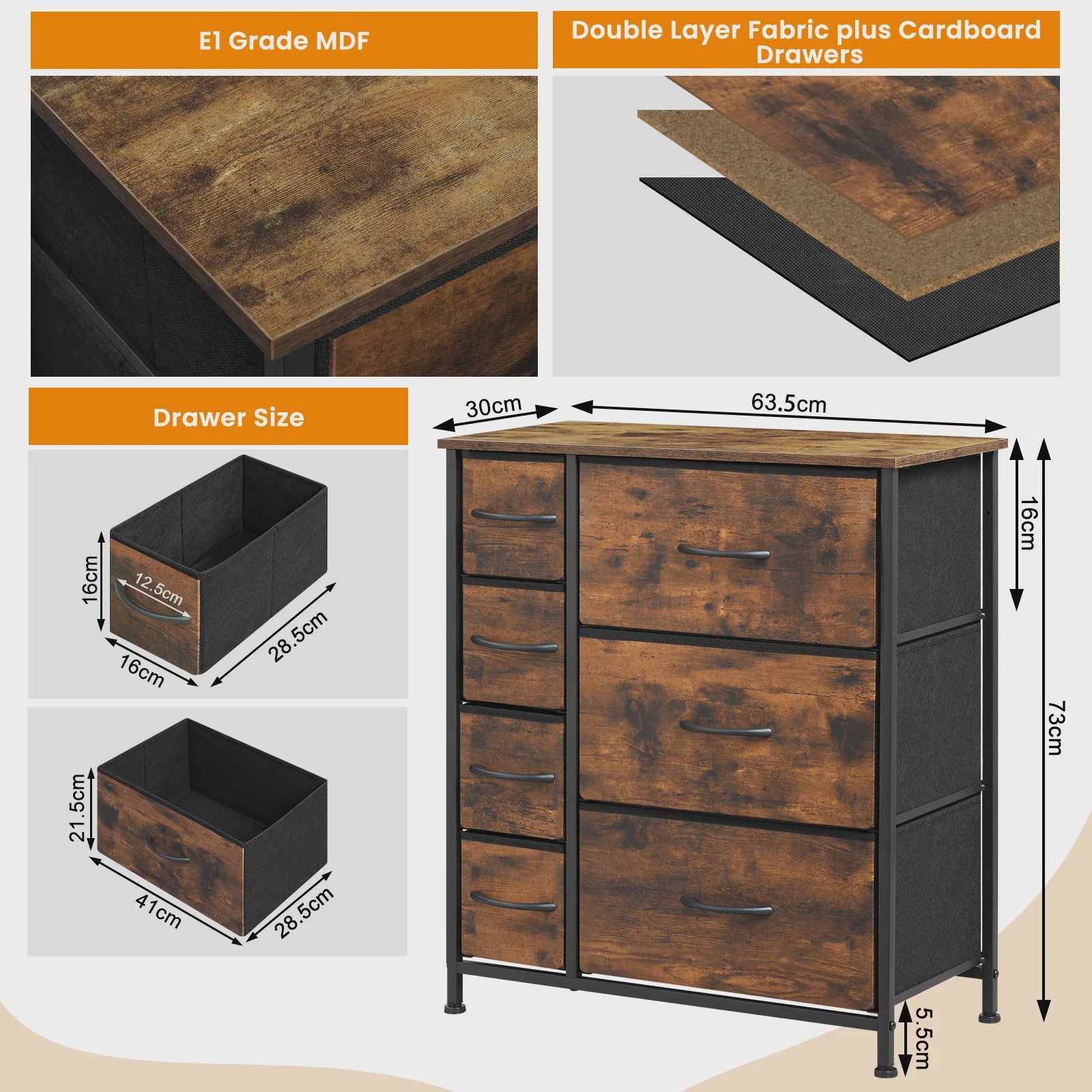 WOLTU Ladekast met 7 Stoffen Lades en Metalen Frame - Stijlvolle Opberger voor Woonkamer, Hal of Slaapkamer
