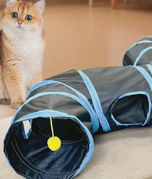 Uitgebreide 3-Weg Katten Tunnel Speelgoed met Speeltjes en Ontdekkingluiken