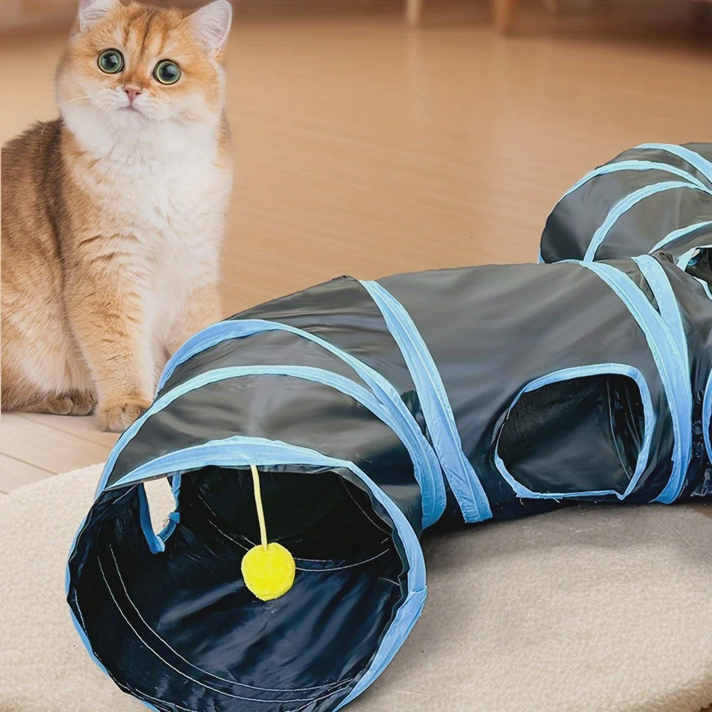 Uitgebreide 3-Weg Katten Tunnel Speelgoed met Speeltjes en Ontdekkingluiken