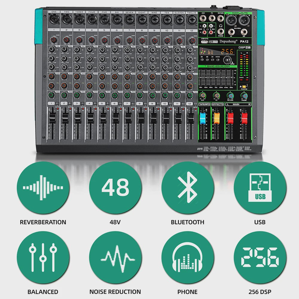 Depusheng Professionele Audio Mixer Console - 6/8/12/16 Kanalen DJ Sound Mixer met Digitale Effecten & USB