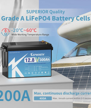 KEPWORTH 12.8V LiFePO4 Accu 180Ah/300Ah met Geüpgrade BMS - 6000 Cycli voor Camper, Boot, Golfkar