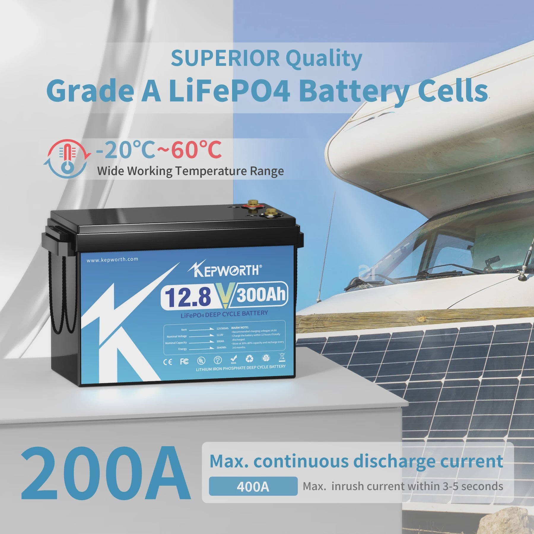 KEPWORTH 12.8V LiFePO4 Accu 180Ah/300Ah met Geüpgrade BMS - 6000 Cycli voor Camper, Boot, Golfkar