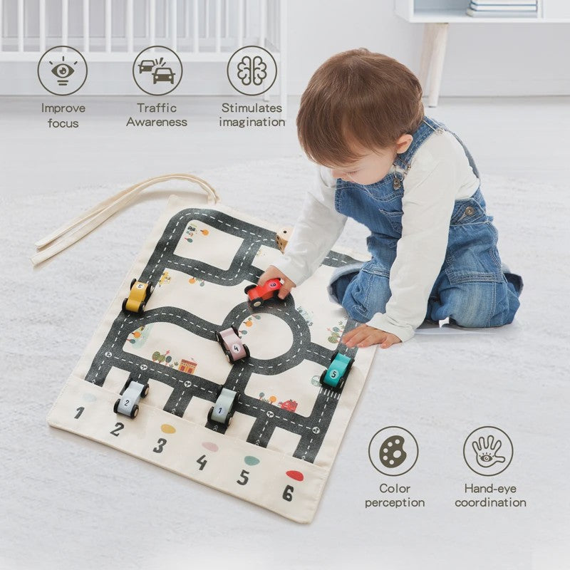 Montessori Verkeersspeelmat met Houten Auto's - Educatief Spel voor Kinderen