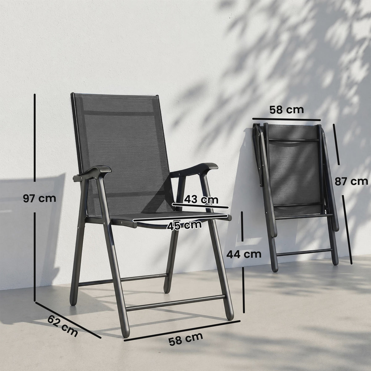 Set van 4 zwarte inklapbare tuinstoelen met stevig stalen frame en hoge rugleuning