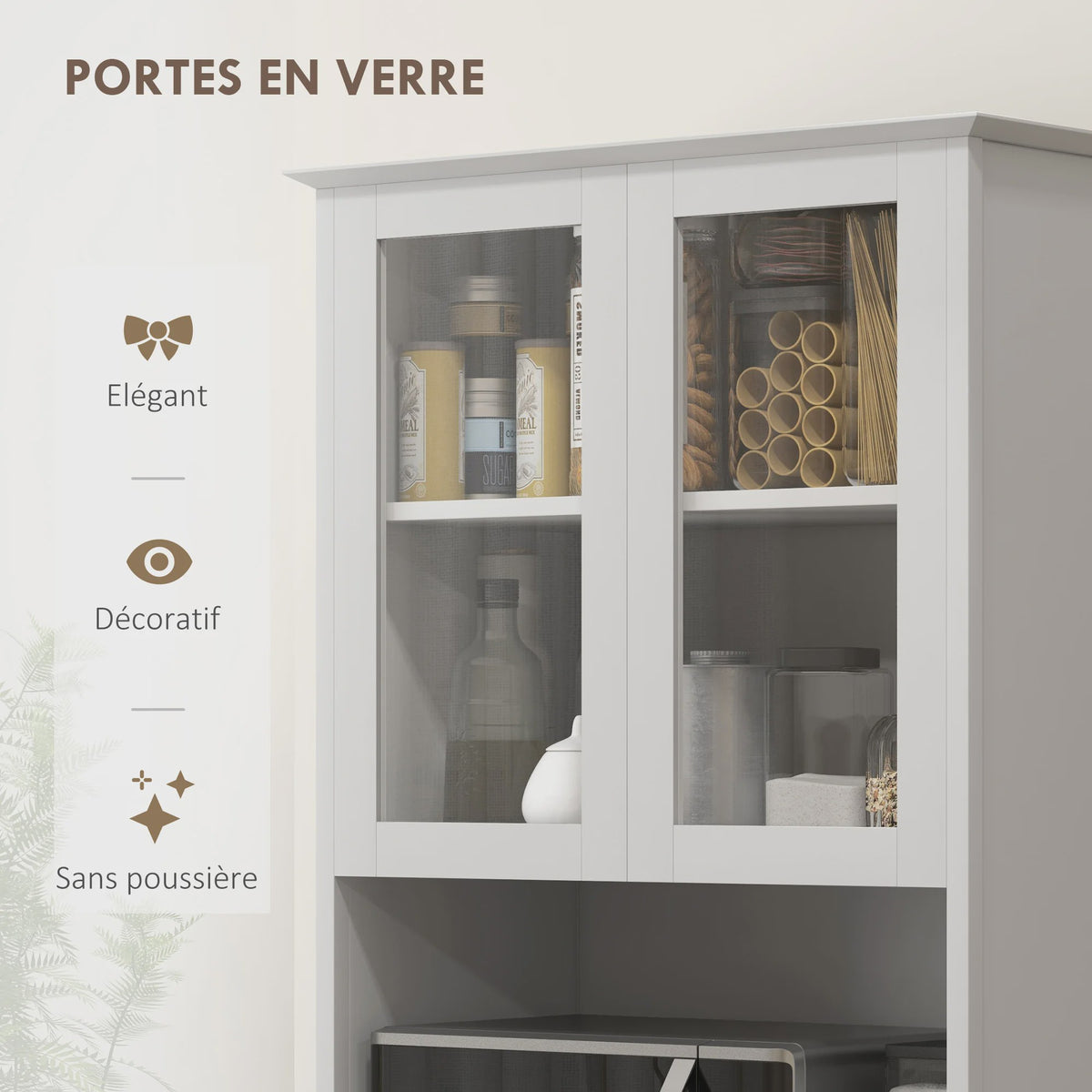 Keuken Buffetkast met Glazen Deuren, 3 Lades en Open Niche - Wit