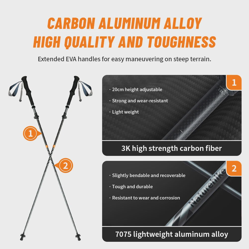 Naturehike Ultralichte Carbon Fiber Trekkingstokken - Opvouwbaar & Snel Sluitend