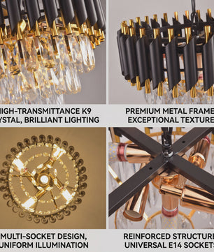 Luxe Zwarte & Gouden Kristallen Kroonluchter met Verstelbare Ketting - Stijlvolle Hanglamp