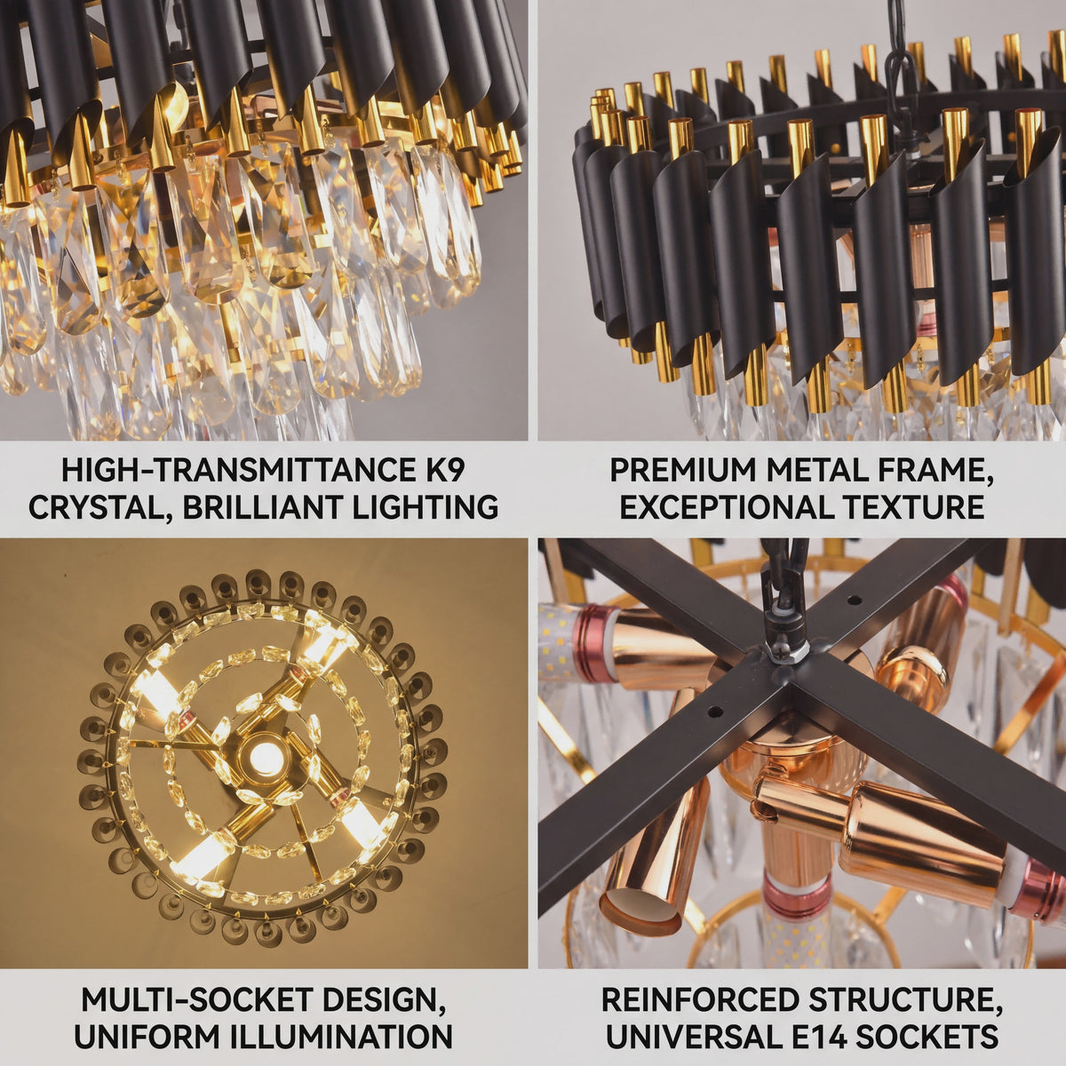 Luxe Zwarte & Gouden Kristallen Kroonluchter met Verstelbare Ketting - Stijlvolle Hanglamp