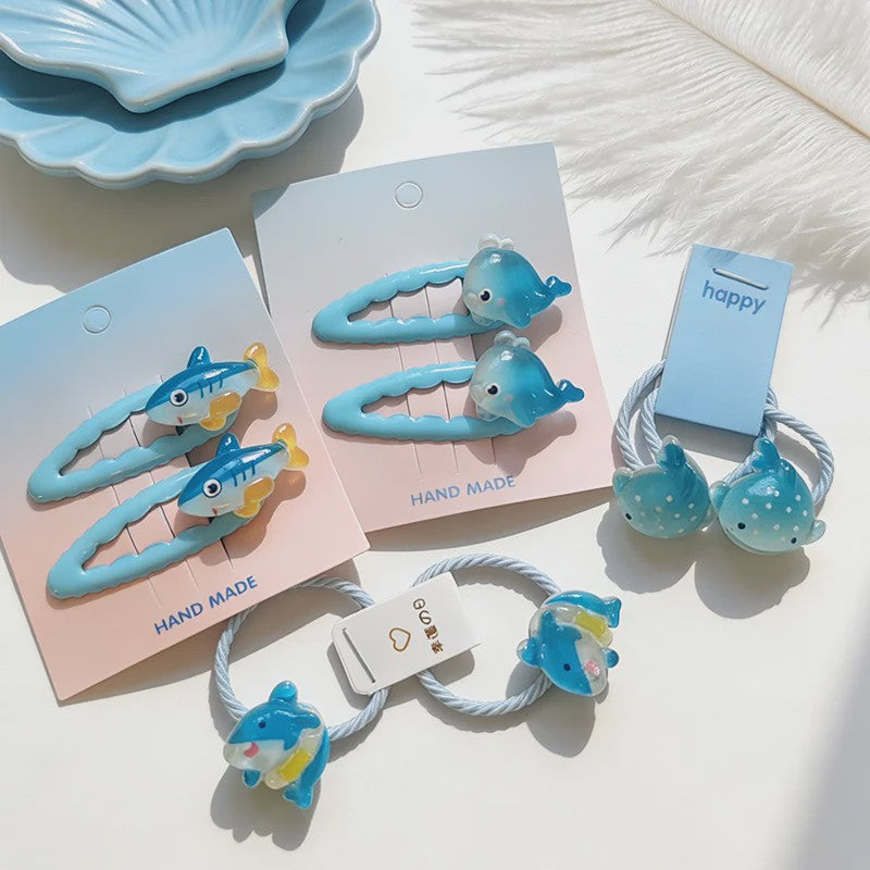 Schattige Haarklemmen & Elastiekjes Set met Haai & Visjes - 4 Delig