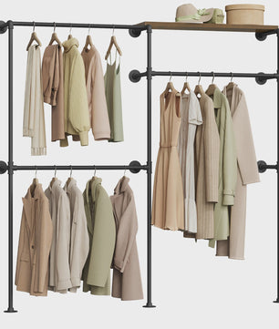 Industriële Wandmontage Kledingrek met 5 MDF Planken & Kledingroede - Open Garderobe
