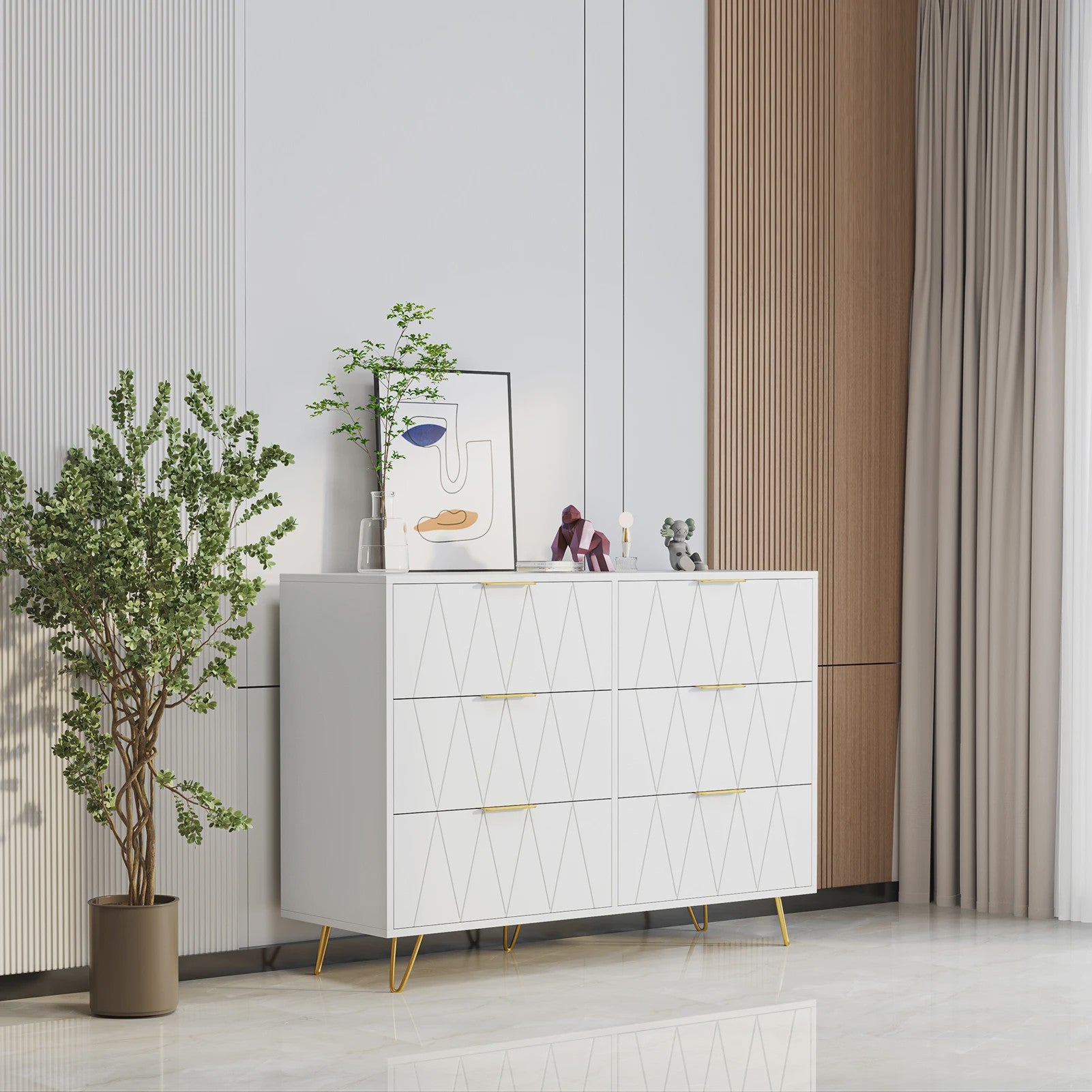 Moderne Witte Ladekast 100x34x73 cm met 6 Lades - Stijlvolle Opbergkast
