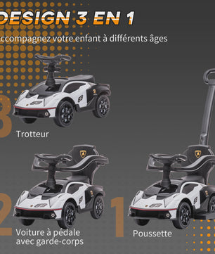 3-in-1 Kinder Loopauto met Duwstang, Stuur en Claxon - Wit