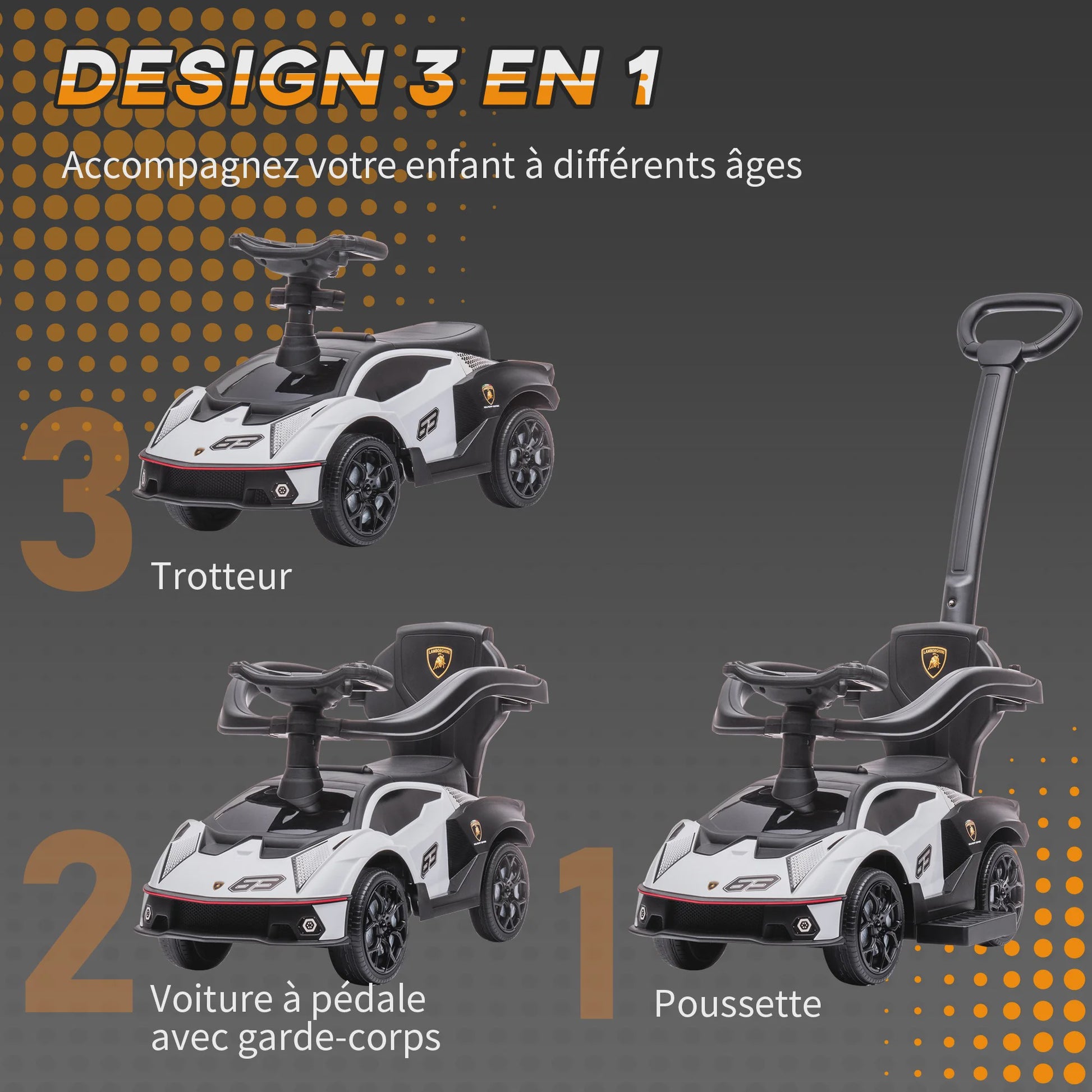 3-in-1 Kinder Loopauto met Duwstang, Stuur en Claxon - Wit