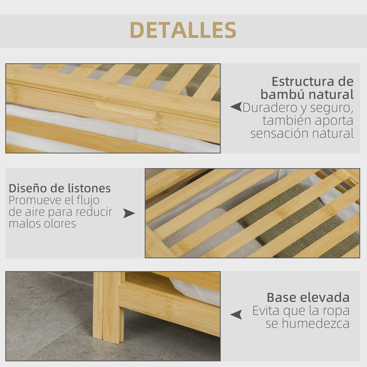 Homcom Bamboe Wasmand met Deksel - 55L - 50x36x60 cm - Naturel