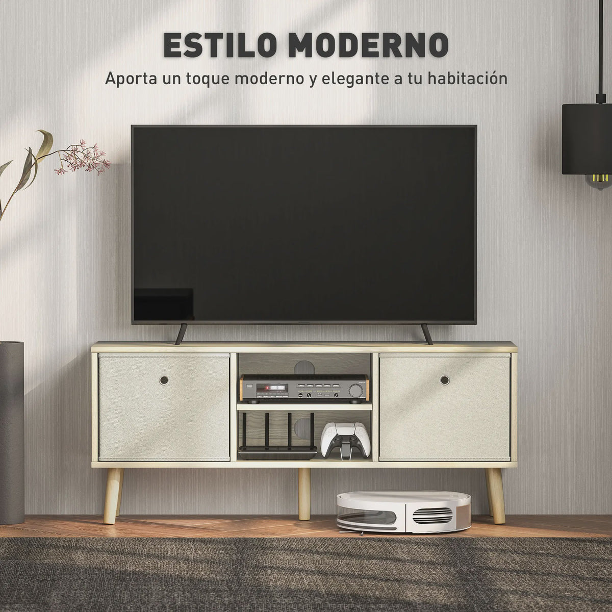 Stijlvolle TV Meubel met 2 Lades en Open Vakken - 110cm Breed - Houtkleurig & Bruin - Tot 50 Inch TV