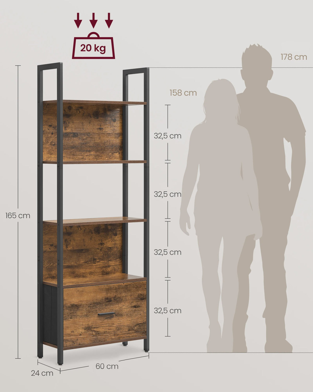 VASAGLE Industriële Boekenkast met Lade - 5 Lagen, Ladder Design, Staal Frame