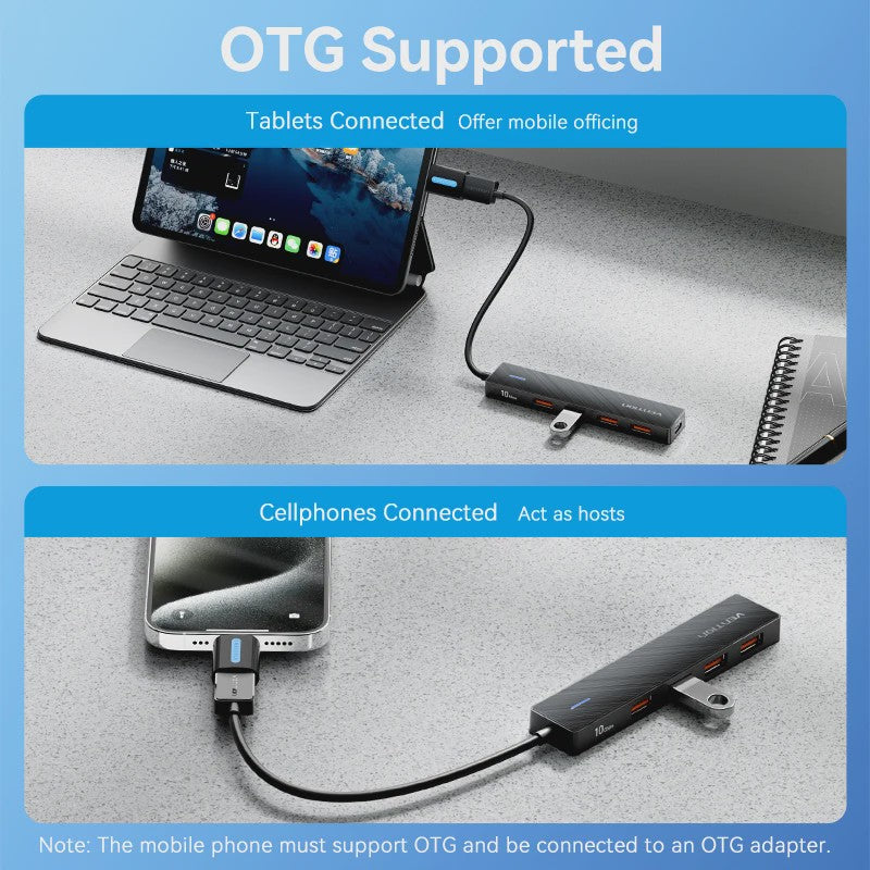 Vention 4-Poorts USB 3.2 Gen 2 Hub (10Gbps) - Compacte Adapter voor Laptop & PC