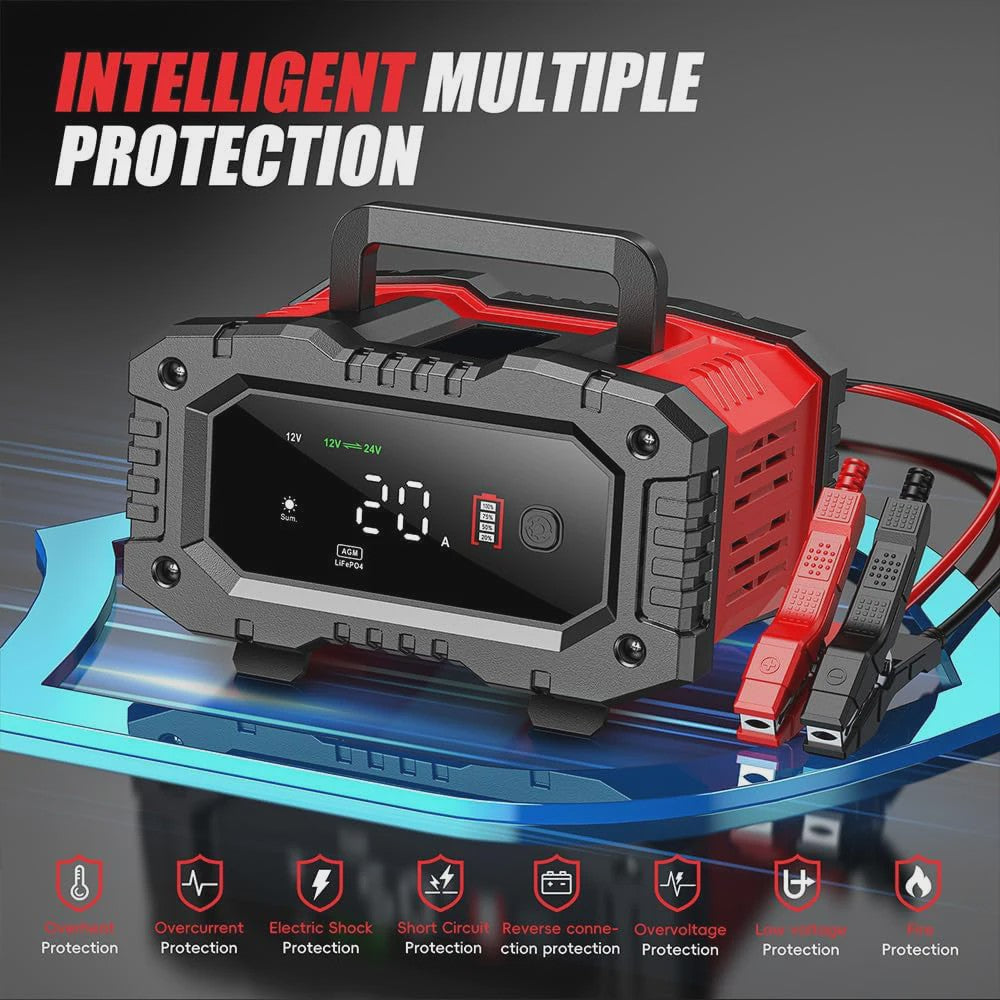 Universele 12V/24V Slimme Batterijlader met 7-Traps Oplaadcyclus & Reparatie Modus