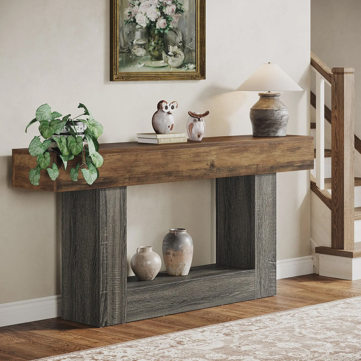 Lange Console Tafel 63 Inch - Farmhouse Entree Tafel met U-Vormige Basis en Onderste Plank