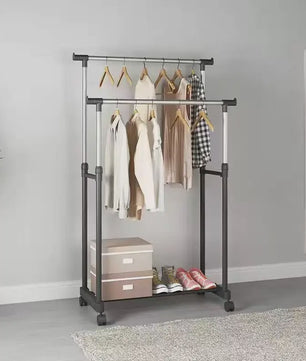 Verstelbare Kledingrek met 2 Hangen Rails en Wielen - 84-150 cm Breed