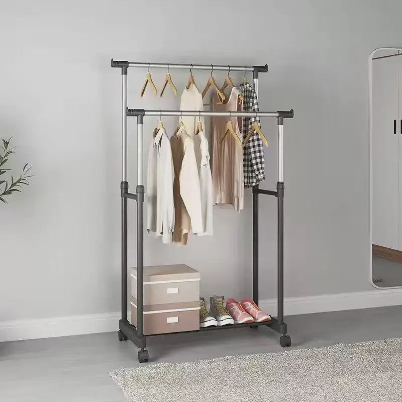 Verstelbare Kledingrek met 2 Hangen Rails en Wielen - 84-150 cm Breed