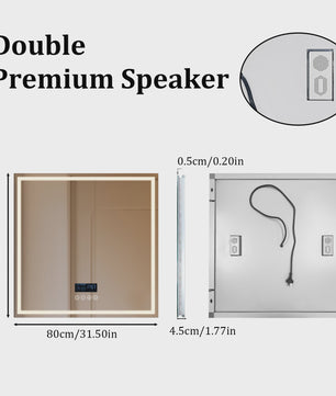 80cm LED Spiegel met Bluetooth, Tijd, Temperatuur & 3 Kleuren Verlichting - Anti-Condens