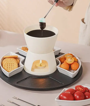 Keramische Fondue Set: Chocolade & Kaas Fondue met 4 Dipkommen, Vorken en Houten Plateau