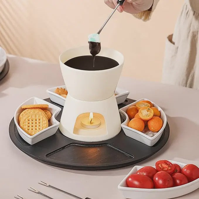 Keramische Fondue Set: Chocolade & Kaas Fondue met 4 Dipkommen, Vorken en Houten Plateau