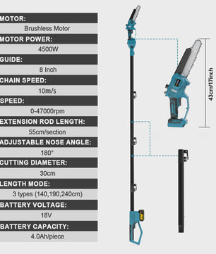 Gisam Telescopische Accu Kettingzaag 8-Inch - Snoeien op Afstand met Makita 18V Batterij