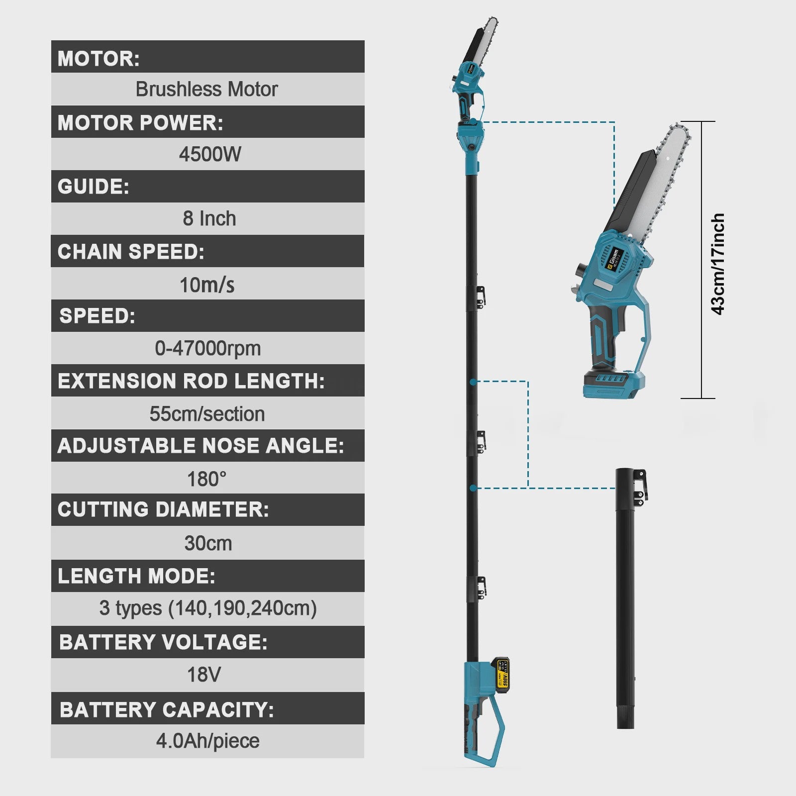 Gisam Telescopische Accu Kettingzaag 8-Inch - Snoeien op Afstand met Makita 18V Batterij