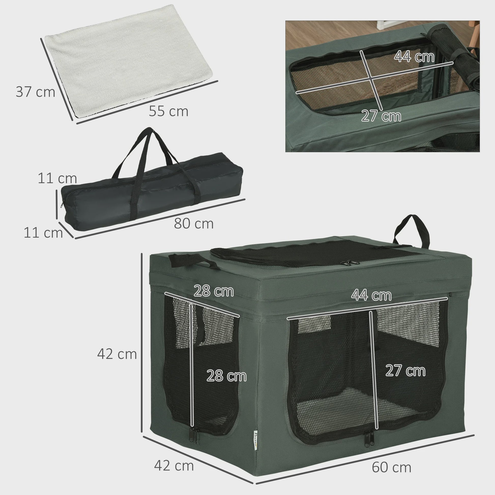 PawHut Opvouwbare Transportbox voor Huisdieren - 60x42x42 cm - Grijs