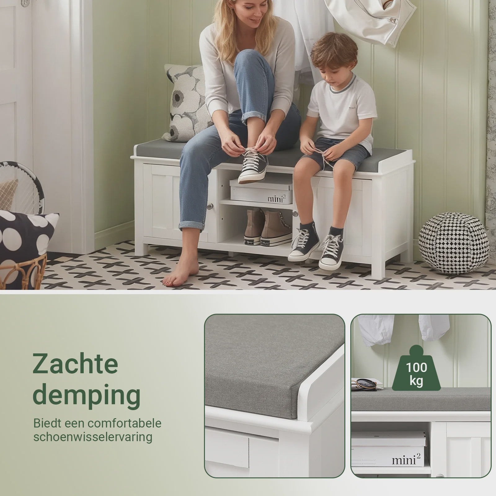 Witte Entreebank met Schoenopbergruimte en Zitkussen - MDF