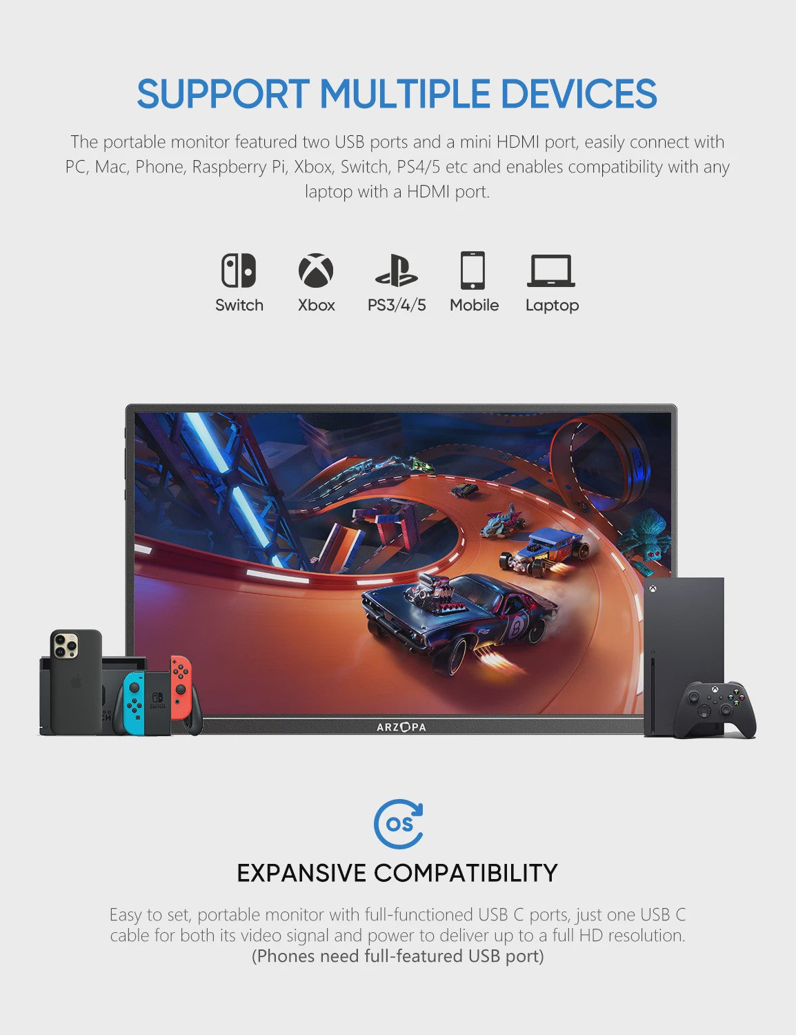 ARZOPA 14" FHD 1080P Draagbare Monitor - IPS Scherm met USB-C & HDMI