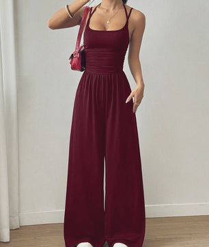 Dames Jumpsuit met Wijde Pijpen en Plissédetaillering - Casual Zomer & Lente