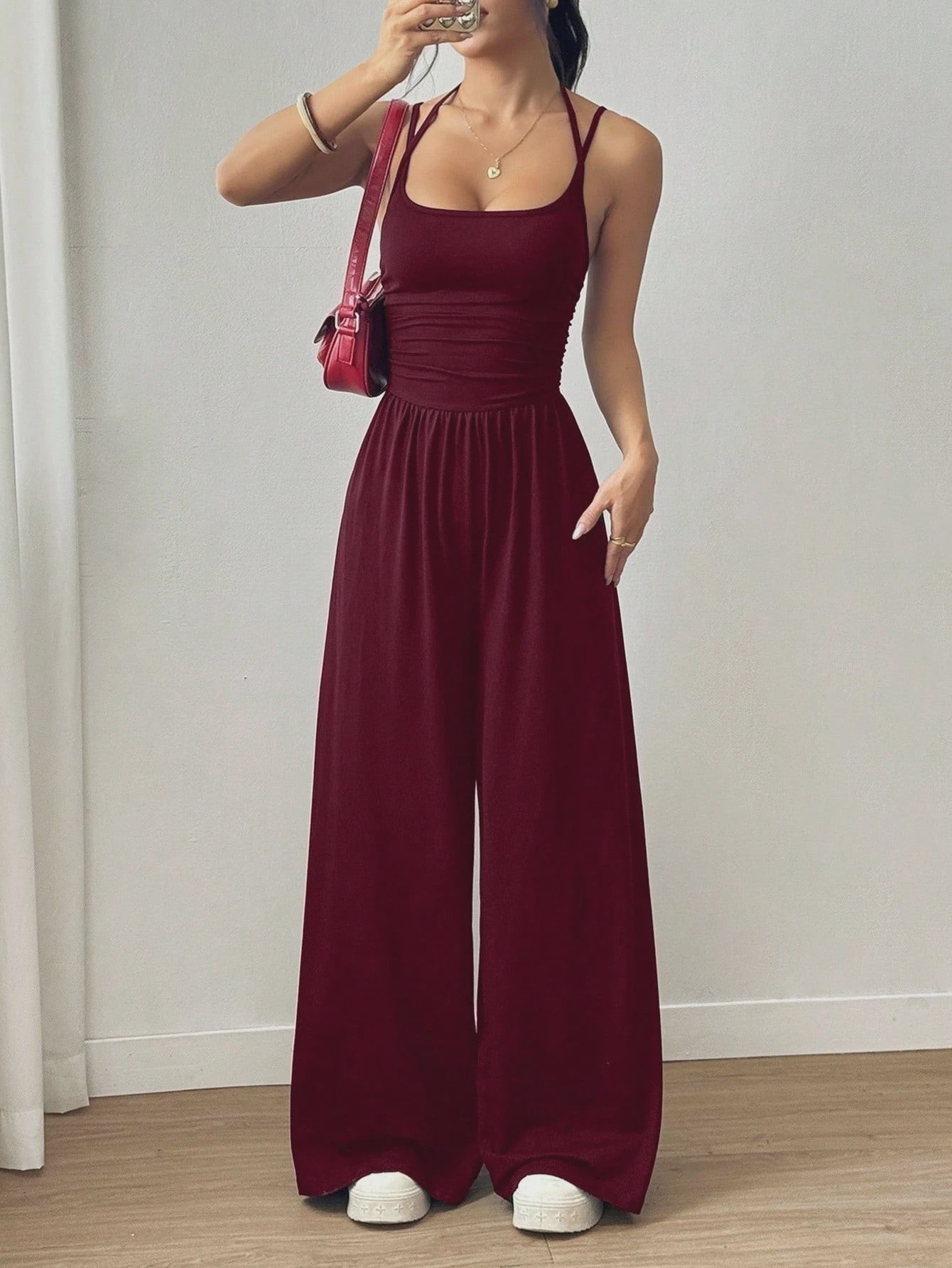 Dames Jumpsuit met Wijde Pijpen en Plissédetaillering - Casual Zomer & Lente
