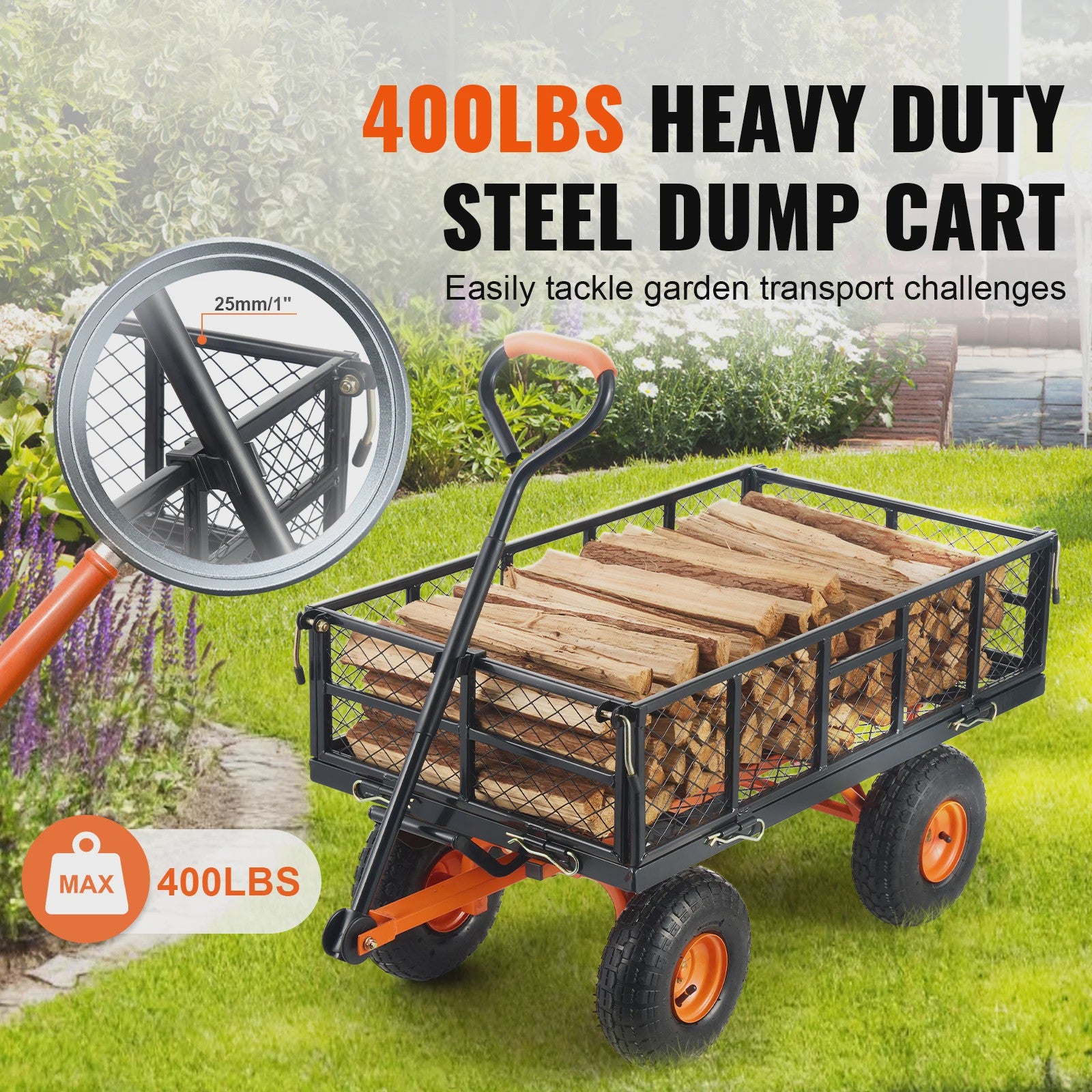 Robuuste Metalen Tuinwagen met 400/880lbs Capaciteit - Veelzijdige Transportkar